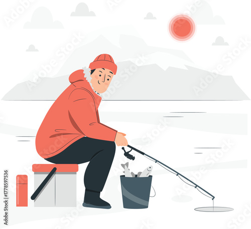 Man ice fishing on frozen lake with caught fish and thermos winter fishing rod