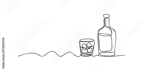 Minimalist line drawing of a liquor bottle and ice-filled glass