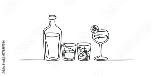 Minimalist continuous line drawing of alcoholic drinks
