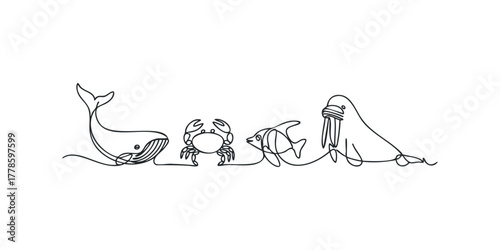 Line drawing of aquatic animals including whale, crab, fish, and walrus