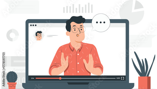 Man in video call on laptop with charts and plants online communication