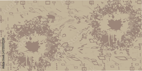 Abstract Geometric Composition with Shapes Splatters and Lines in Brown Tones.