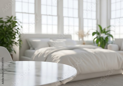 Empty marble stone table in front of blurred bedroom interior background