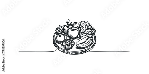 Hand Drawn Plate of Fresh Fruits and Vegetables