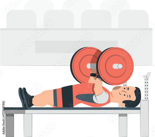 Man lifting weights on a bench press with a barbell weightlifting bodybuilding