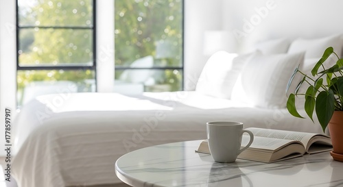Empty marble stone table in front of blurred bedroom interior background