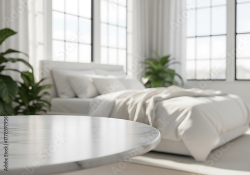 Empty marble stone table in front of blurred bedroom interior background