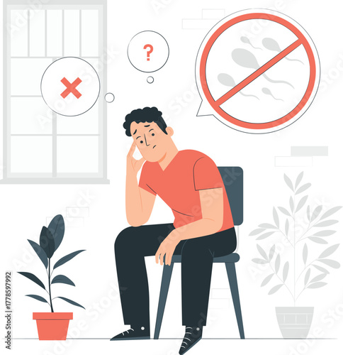 Man looking concerned with a question mark and prohibition sign sitting chair