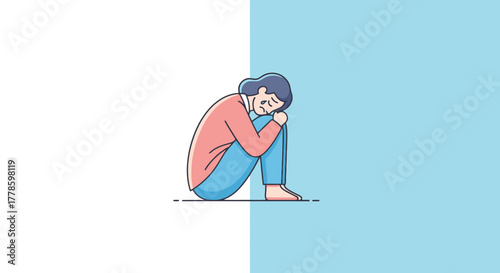 Sad Woman Crying and Hiding Face in Knees Mental Health Struggle Loneliness Concept Minimalist Illustration