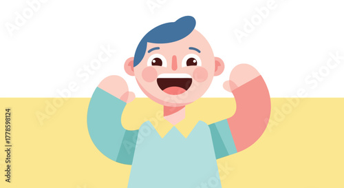 Joyful Cartoon Child Celebrating Victory or Success with Raised Arms Flat Design Illustration