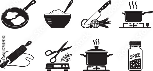 Black and white vector icons of cooking and food preparation elements kitchen illustration