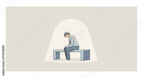 Sad Man Sitting Alone on Bench Under Spotlight Feeling Isolated and Depressed Vector Illustration