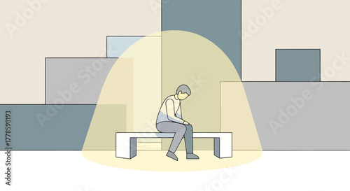 Sad Man Sitting Alone on Bench in Spotlight Illustration of Loneliness and Isolation