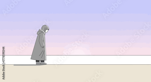 Solitary Figure in Vast Winter Landscape Minimalist Illustration