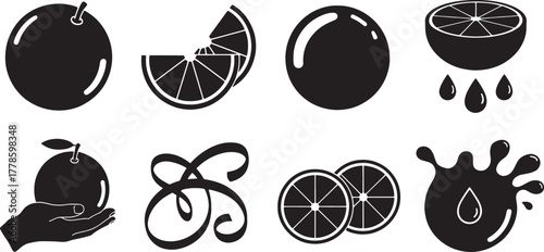 Black and white vector icons of oranges and juice splashes fruit citrus
