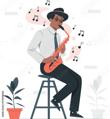 Man Playing Saxophone with Musical Notes Floating musician