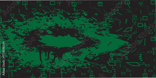 Abstract Green Shape with Geometric Elements on Black Background.