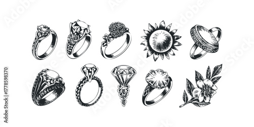 Collection of Hand Drawn Vintage Style Rings and Floral Elements
