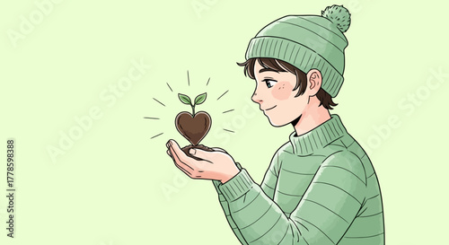 Young Person Nurturing a Heart Shaped Sprout Symbolizing Growth Love and New Beginnings