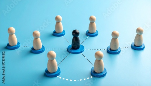 Central wooden figure connects to surrounding nodes, symbolizing leadership and networked communication.