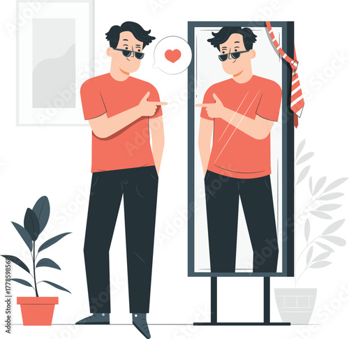 Man pointing at himself in a mirror with a heart symbol male