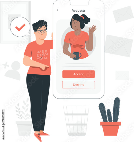 Man points to phone screen showing friend request accept or decline pointing