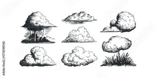 Hand Drawn Cloud Collection with Trees and Grass