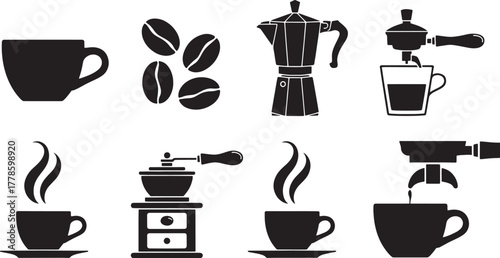Black coffee icons featuring cups espresso machine grinder and beans vector