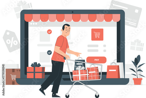 Man pushing a shopping cart with gifts towards a laptop screen online