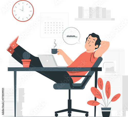 Man Relaxing at Desk with Coffee and Laptop break