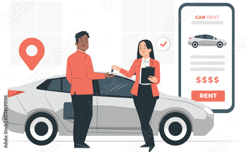 Man Receives Car Keys from Agent for Rental Service with Mobile App car rental vehicle