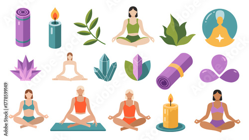 Set of yoga and meditation icons flat vector illustration of spiritual practice and wellness elements isolated on white background