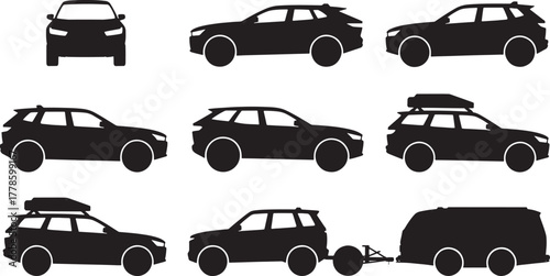 Black silhouette car icons showing front side rear and towing trailer vehicle transport