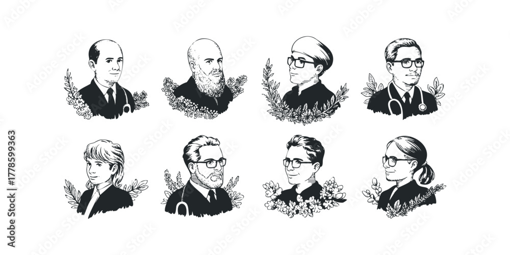 Fototapeta premium Collection of Eight Diverse Medical Professionals Portrayed in Illustrations