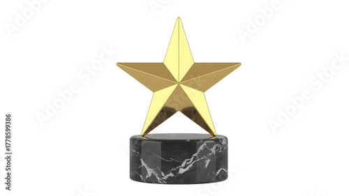 Golden star trophy on a marble base award for excellence and achievement isolated on white background