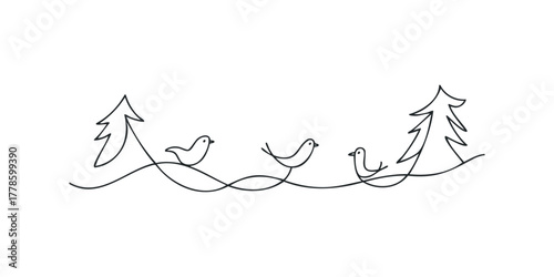 Simple line drawing of three birds and two trees