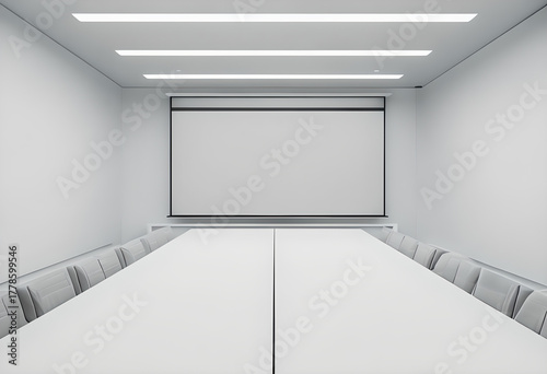 Empty Minimalist Conference Room: Clean, high-key white meeting space with a large projector screen and rows of chairs. Corporate, modern, copy space