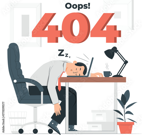 Man sleeps on laptop with 404 error and desk lamp oops sleeping