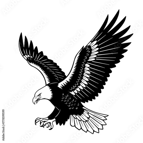 Dynamic illustration of a powerful hunting eagle in majestic flight, showcasing its strength and freedom with spread wings and sharp talons in a striking black and white graphic