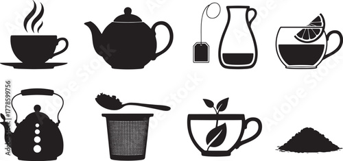 Black silhouette icons of tea cups teapots kettle tea bag and loose tea leaves hot drink steam
