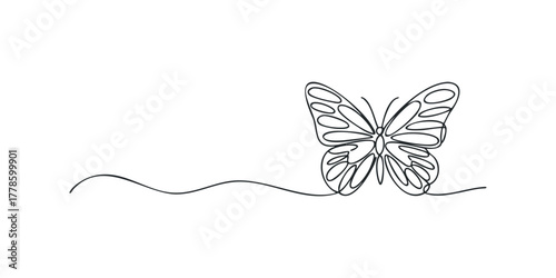 Continuous line drawing of a butterfly on a wavy line