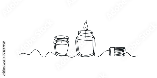 Single line drawing of a lit candle with jars and matches