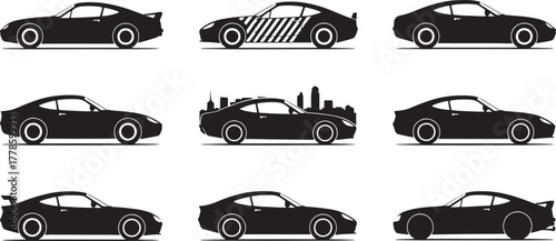 Black silhouette sports cars with city skyline and striped detail white