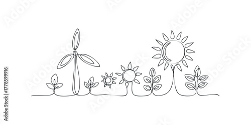 Windmill and suns with sprouting plants