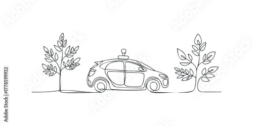 Continuous line drawing of a self-driving car with foliage