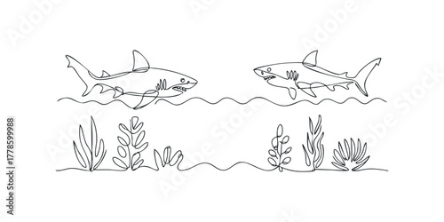 Two continuous line drawing sharks swimming near ocean plants