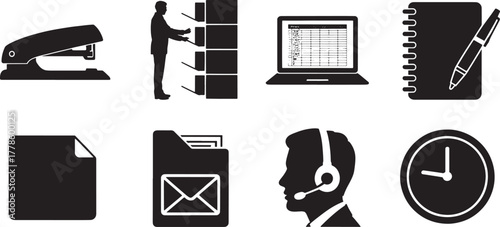Black vector icons of office supplies and business concepts stapler filing cabinet
