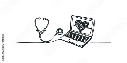 Stethoscope connected to laptop displaying heart rhythm graph