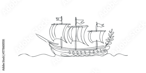 Single line drawing of a ship with sails and flags at sea