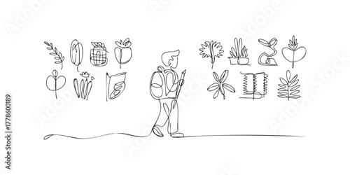 Person with backpack examining plants in minimalist line art